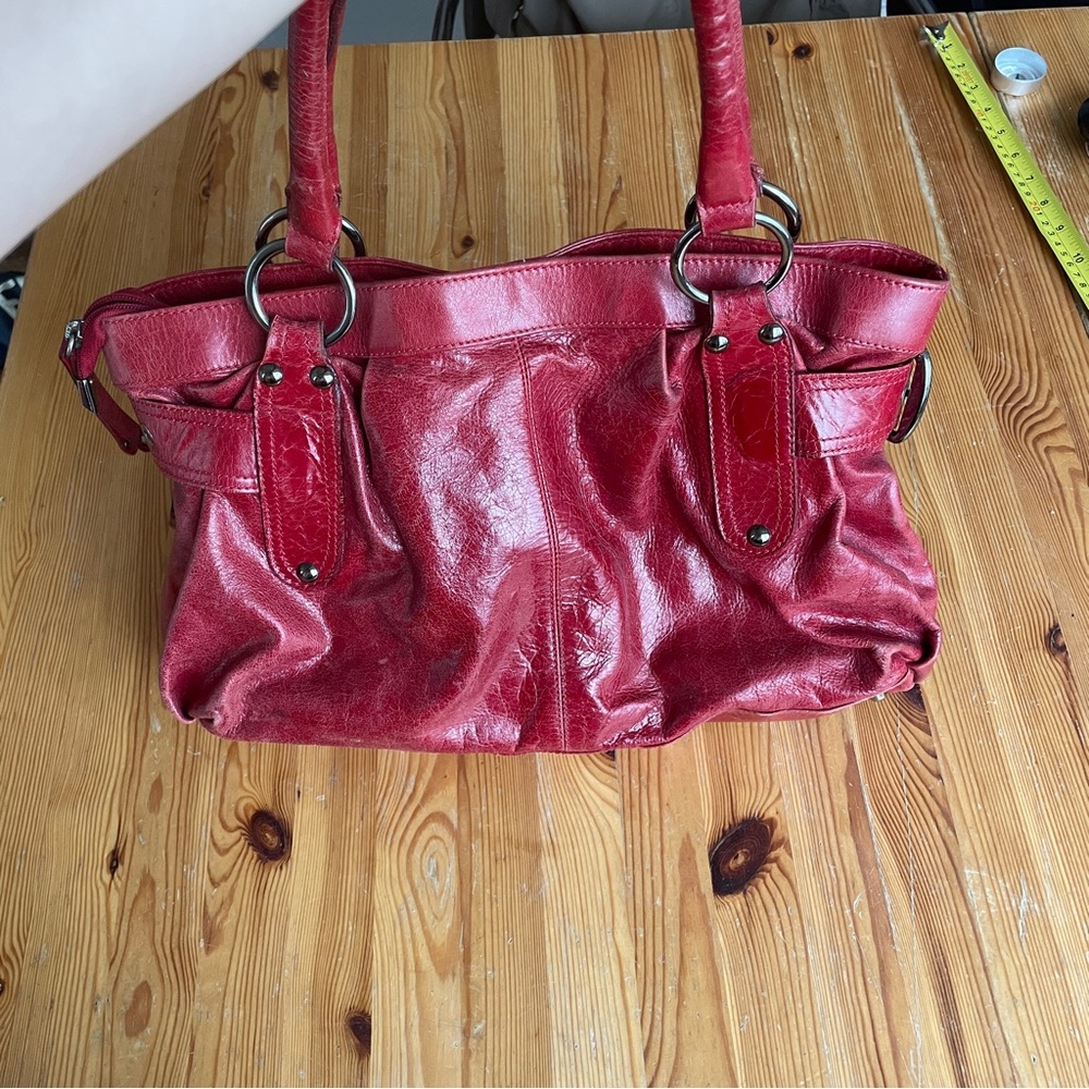 Red Leather Shoulder Bag with Buckle Y2K